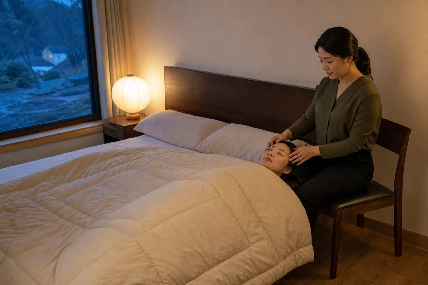 연천테라피의 전문복 차림 20대 한국인 성인 여성 마사지사가 침대 위에서 완전히 덮인 성인 여성 고객의 어깨를 관리하는 비선정적 장면